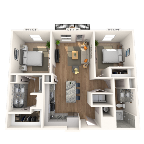 Floor plan for 2 beds, 2 baths, 1011 sqft